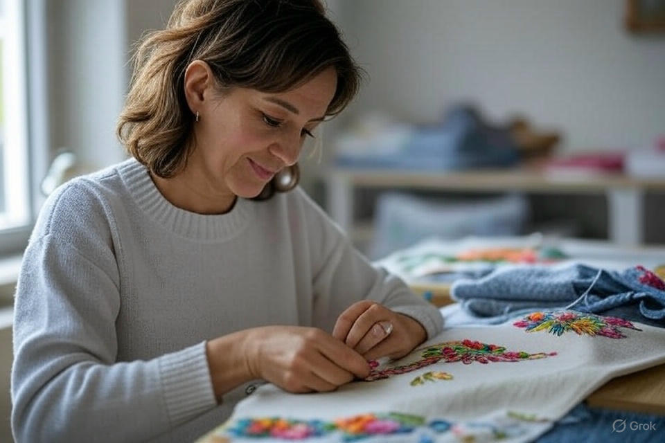 A-woman-focused-on-creating-intricate-embroidery-on-fabric-surrounded-by-colorful-threads-and-tools